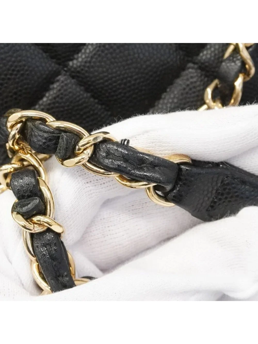 Chanel Chain Tote Quilted Caviar Leather Black Champagne Gold